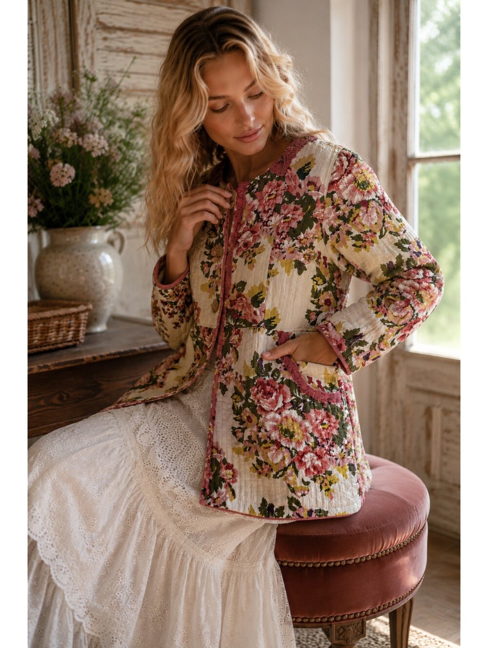 Vintage Maid Quilted Rose Floral Cotton Jacket Cottagecore Boho Lace Trim M